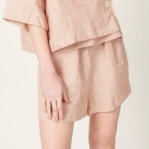Deiji Studios mandarin check linen elastic waist shorts